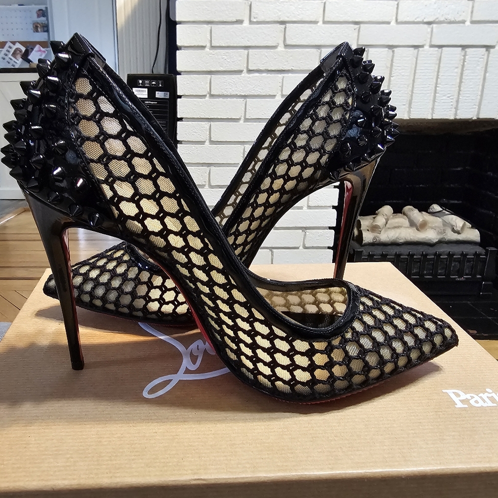 Christian Louboutin Black Mesh Spike Heel Pumps with Red Soles